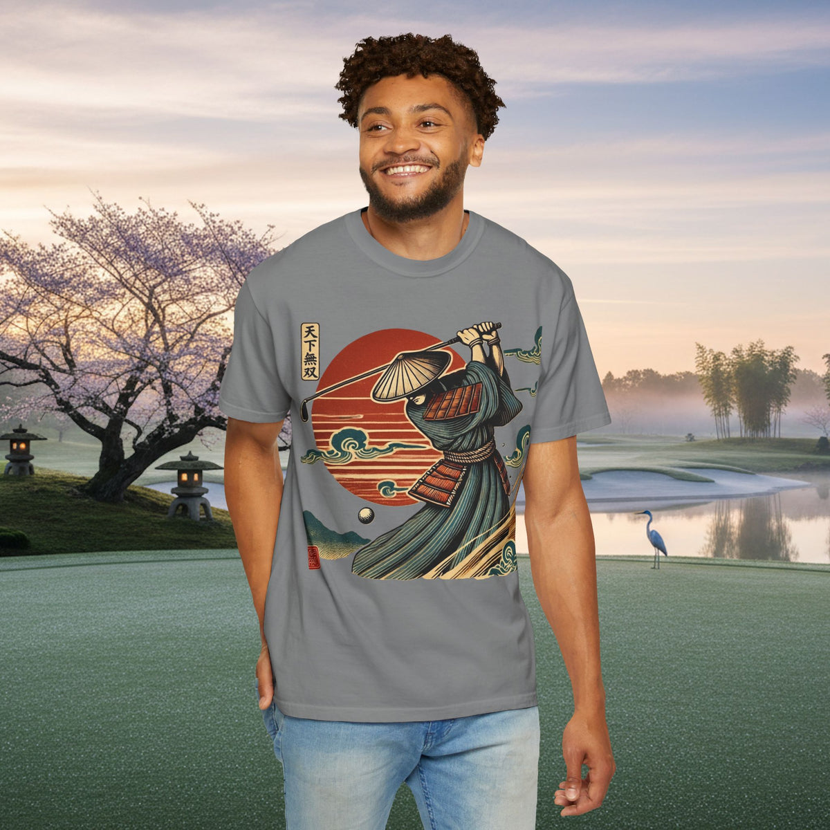 Samurai Golfer Sunset T-Shirt — Japanese Wave & Warrior Graphic Tee