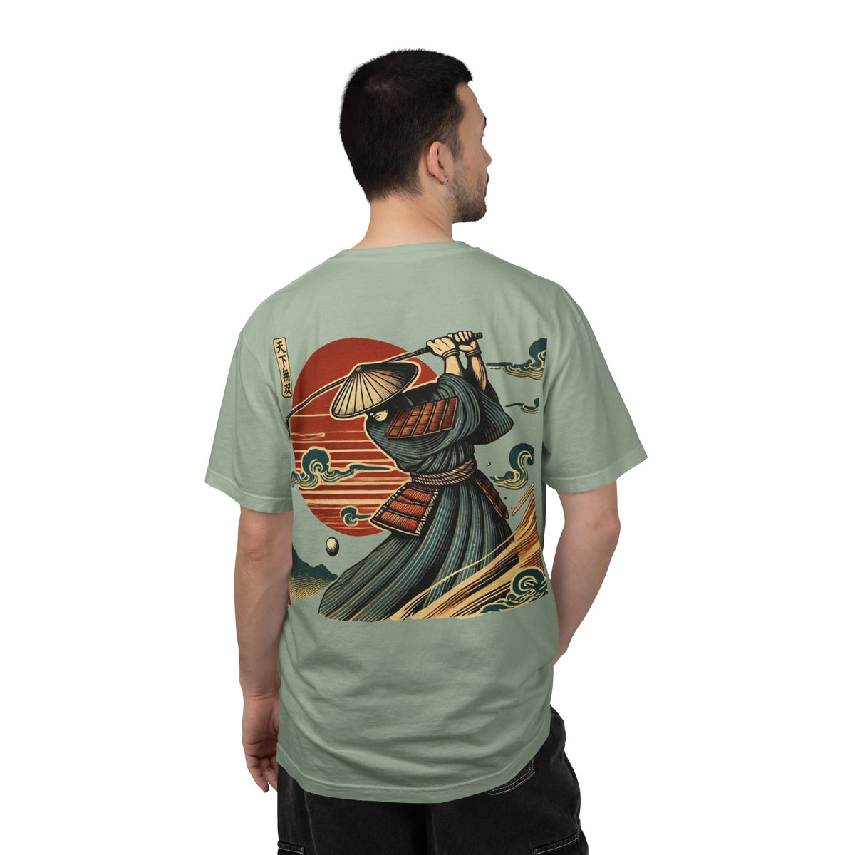 Vintage Samurai Golfer Sunset Front and Back Graphic T-Shirt