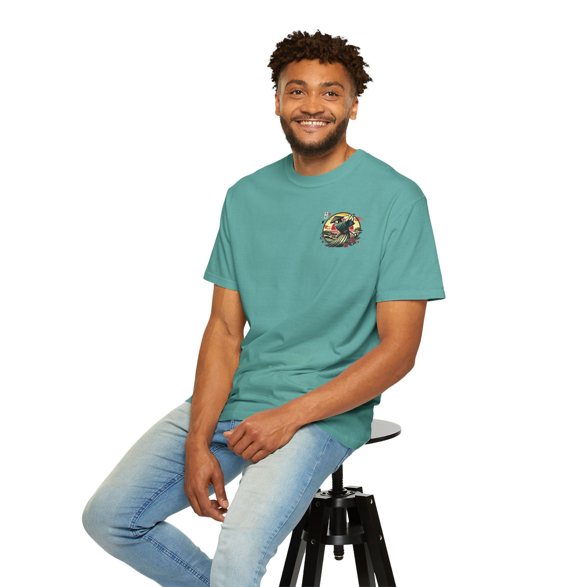 Samurai Golfer Sunset Chest and Back Design Graphic T-Shirt
