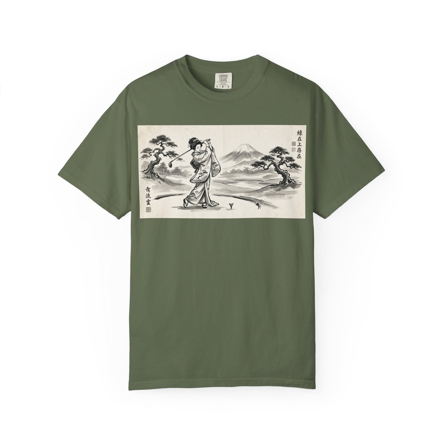 Zen Spot Customized Comfort Colors Japanese Sumi-e Landscape T-Shirt — Vintage Geisha & Mount Fuji Graphic Tee