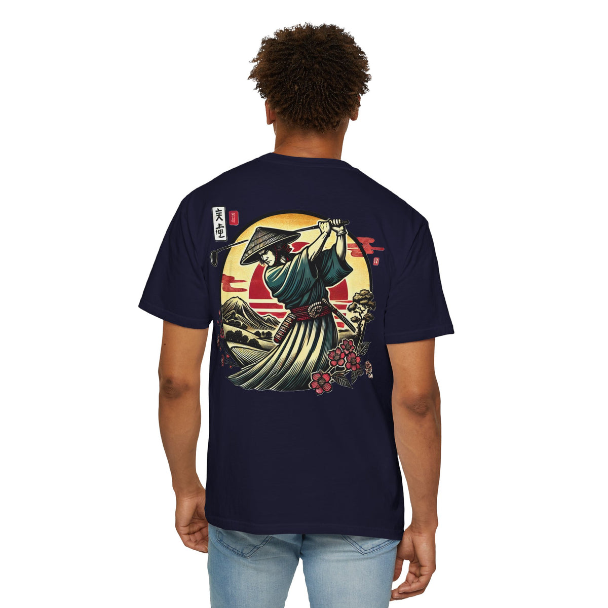 Samurai Golfer Sunset Chest and Back Design Graphic T-Shirt