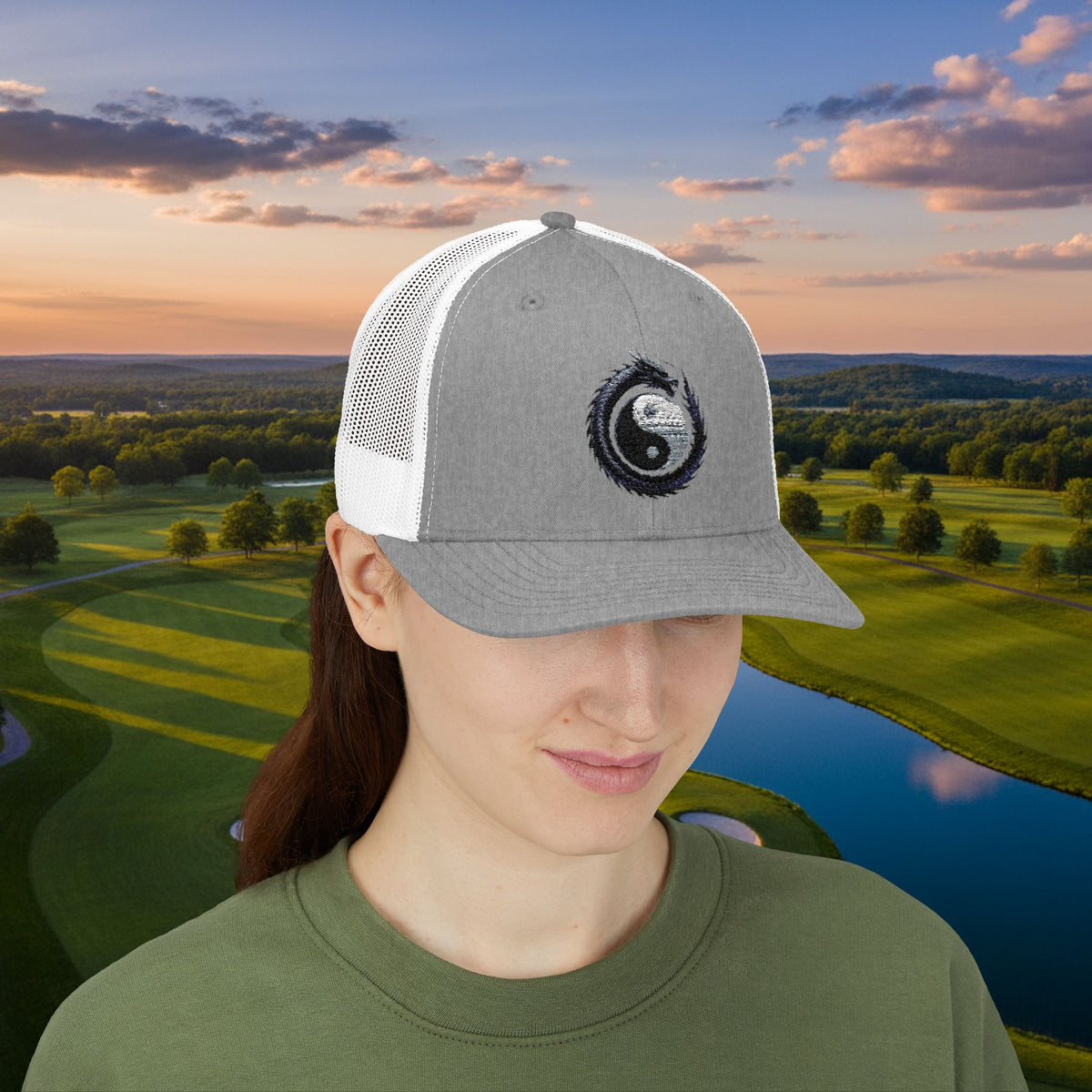 Embroidered Yin Yang Dragon Golf Ball Trucker Hat