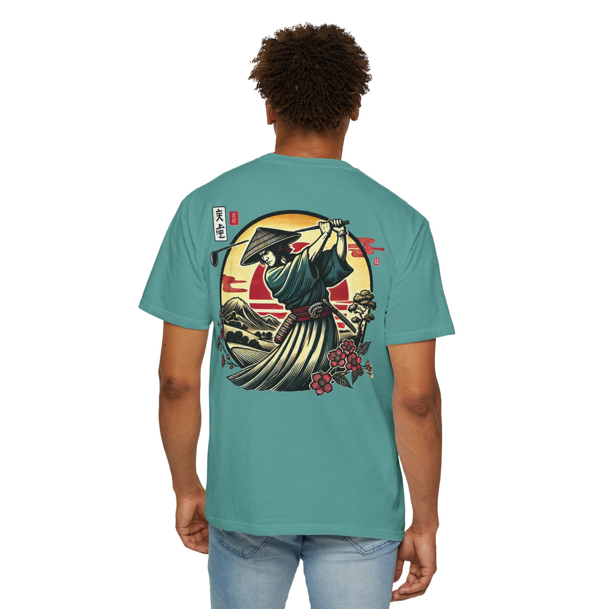 Samurai Golfer Sunset Chest and Back Design Graphic T-Shirt