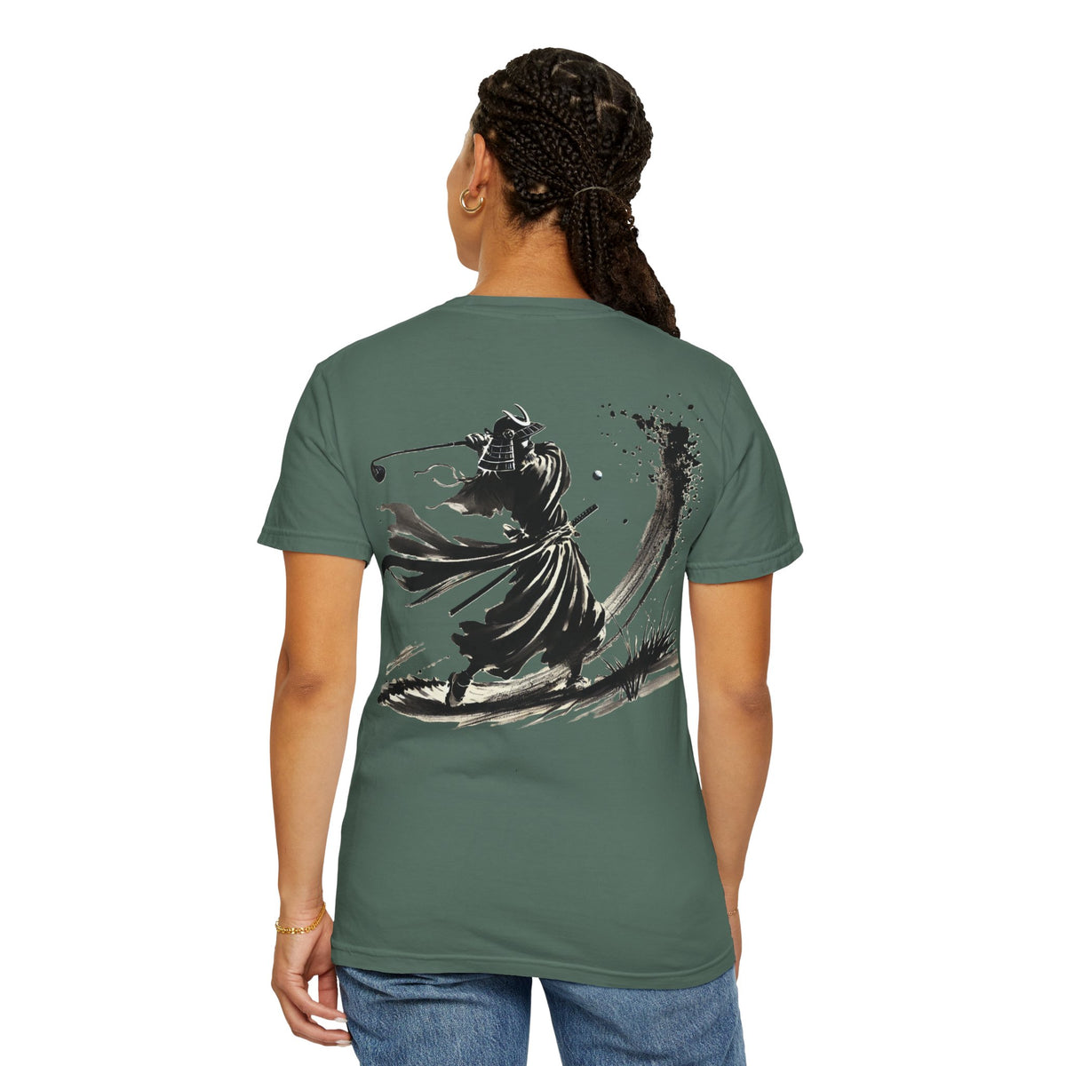 Brushstroke Bunker Blast Samurai Golfer Chest and Back Design Graphic T-Shirt