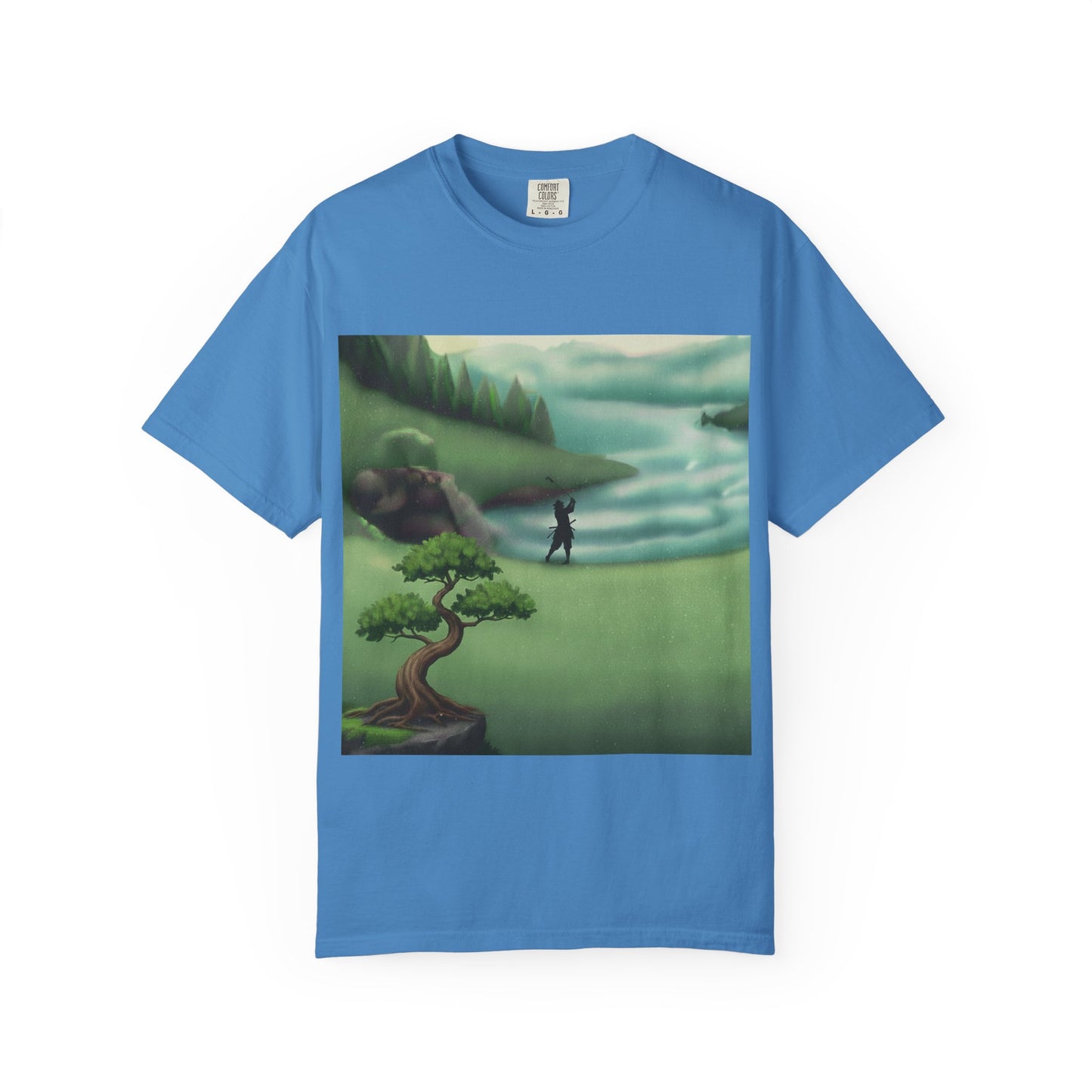 Golf Course Landscape T‑Shirt — Serene Golfer by Lake Graphic Tee