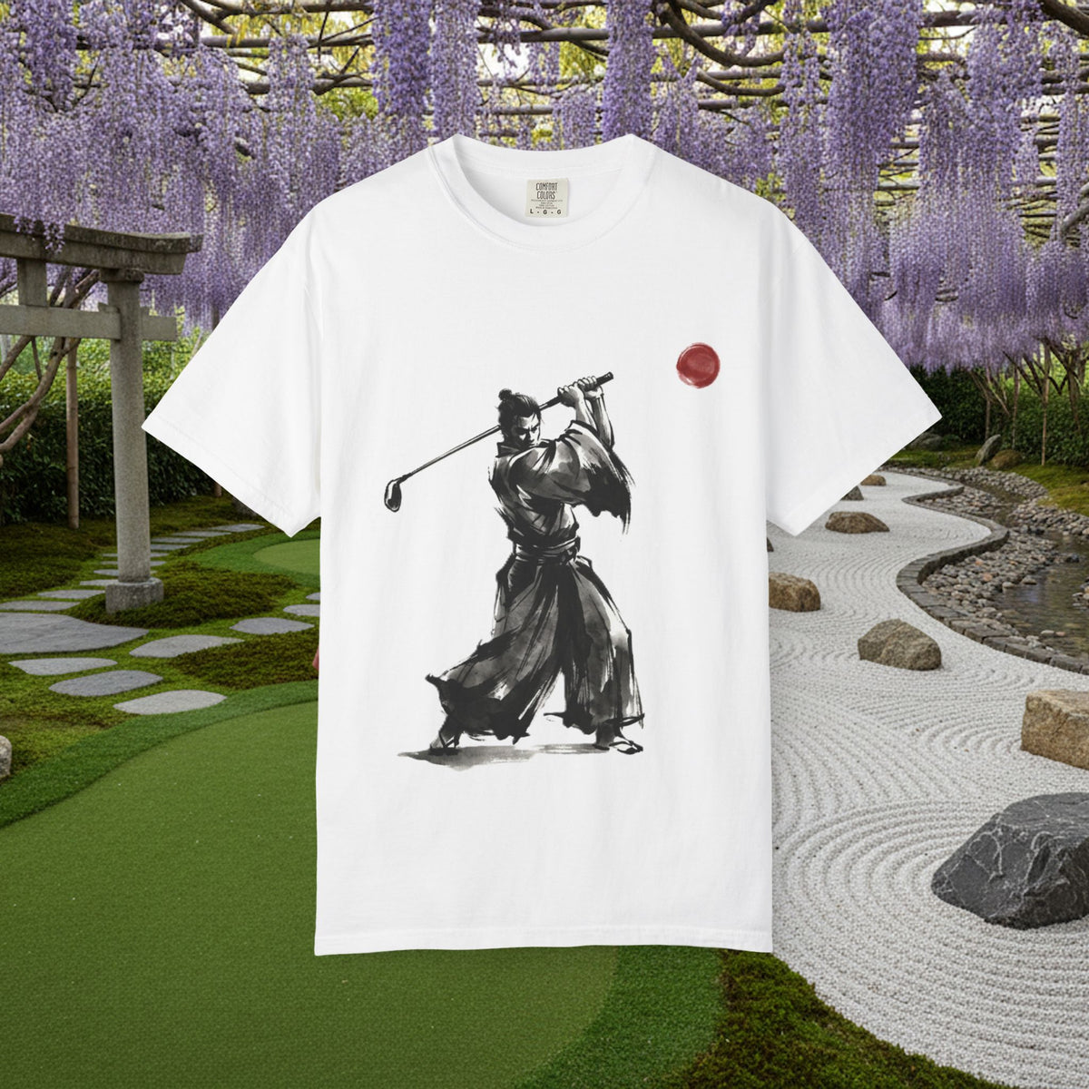 Samurai Golf T-Shirt — Sumi-e Brushstroke Golfer with Red Sun