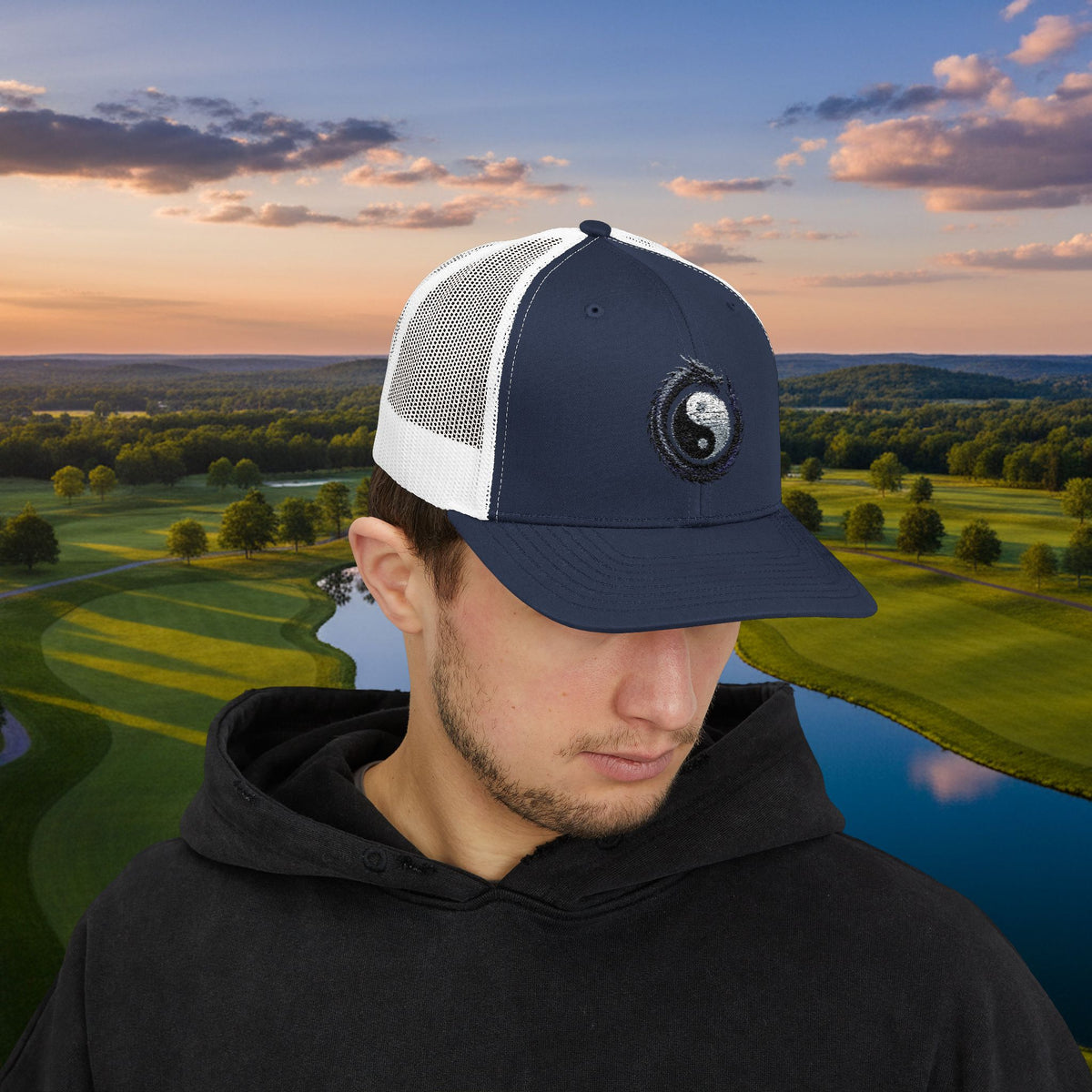 Embroidered Yin Yang Dragon Golf Ball Trucker Hat