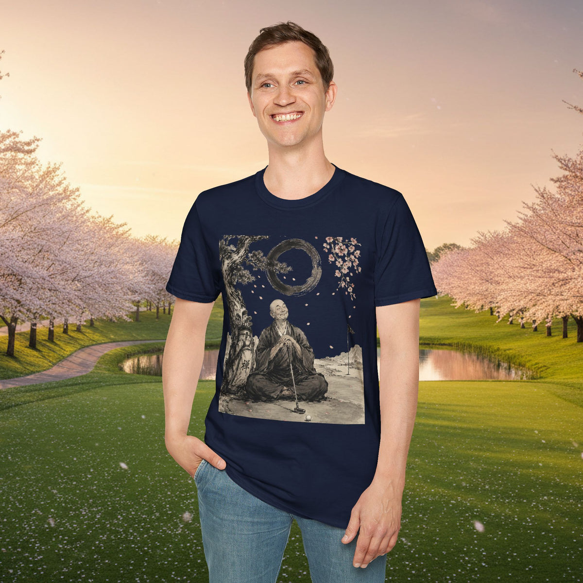 Zen Monk T-Shirt — Enso Circle & Cherry Blossom Meditation Tee