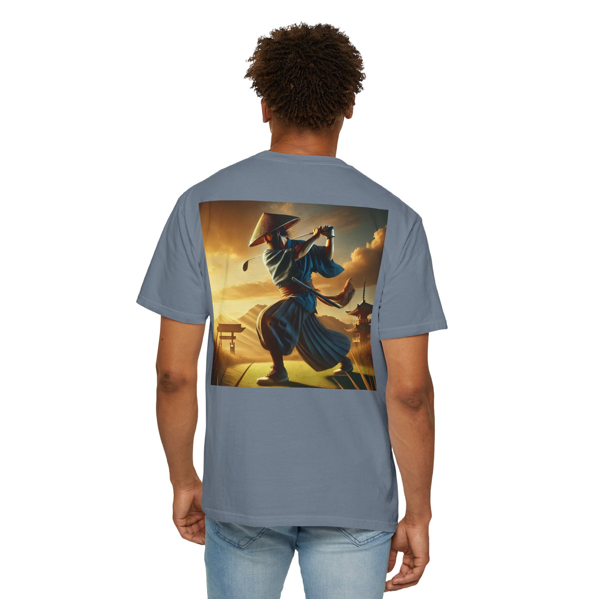 Enso Circle Chest Design Samurai Golfer Sunset Back Graphic T-Shirt