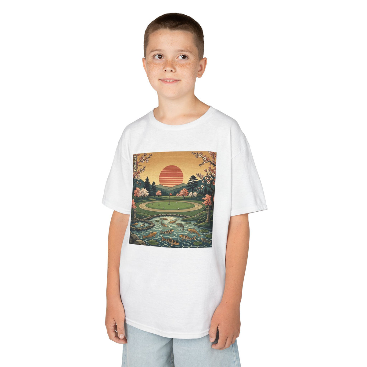 Vintage Japanese Sunset Golf Course Graphic Kids T-Shirt