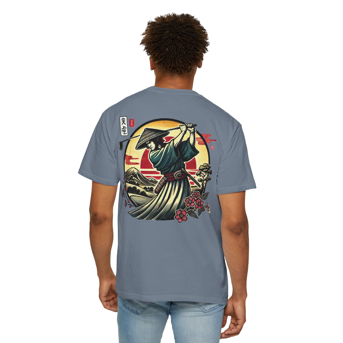 Samurai Golfer Sunset Chest and Back Design Graphic T-Shirt