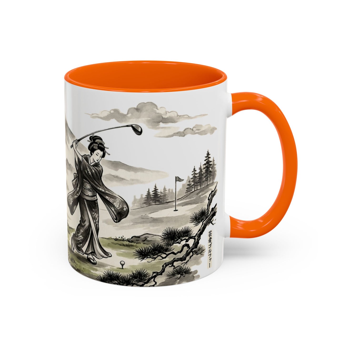 Zen Spot Golf Custom Japanese Golf Scene Accent Coffee Mug Ukiyo-e Style Golfing Geisha (11/15oz)