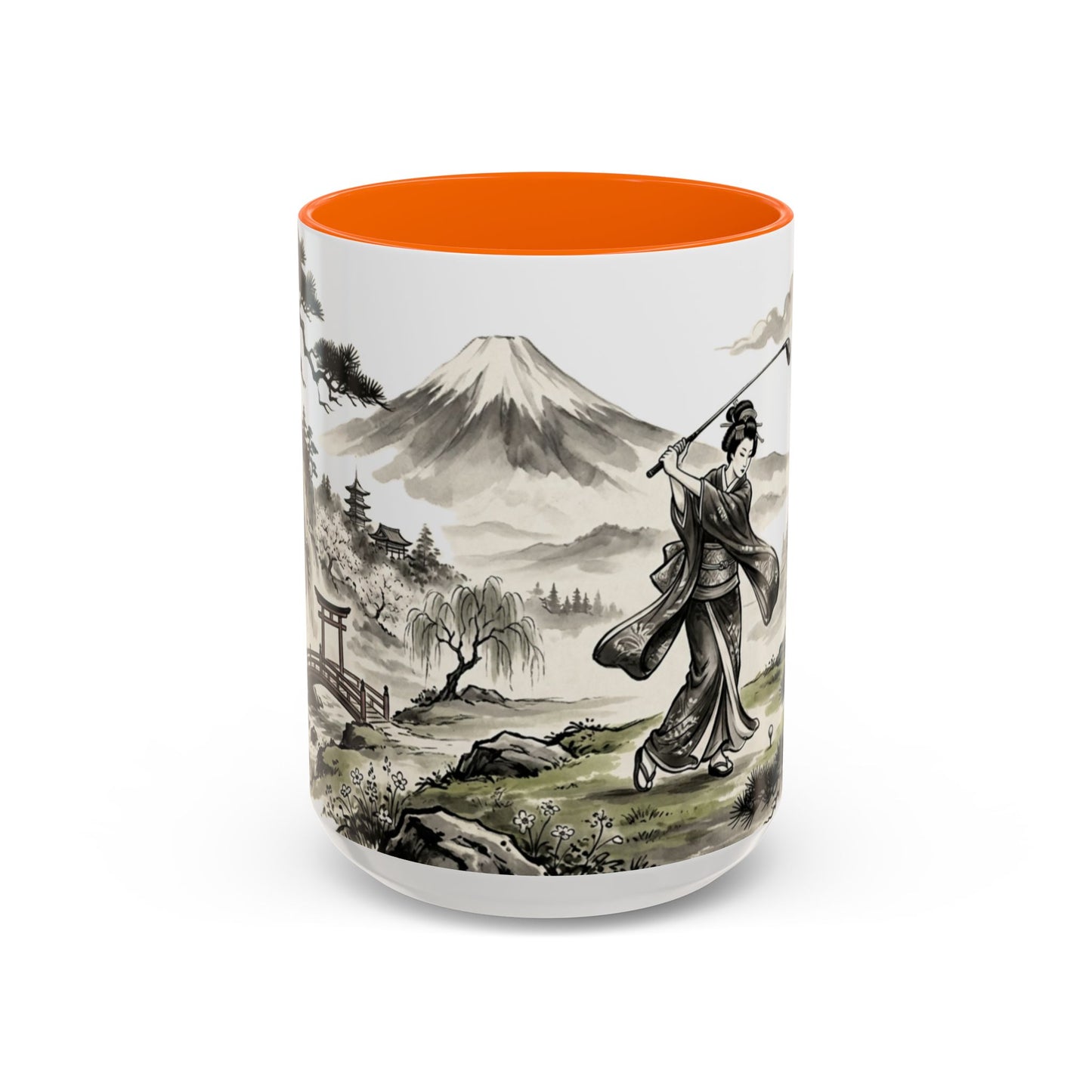 Zen Spot Golf Custom Japanese Golf Scene Accent Coffee Mug Ukiyo-e Style Golfing Geisha (11/15oz)