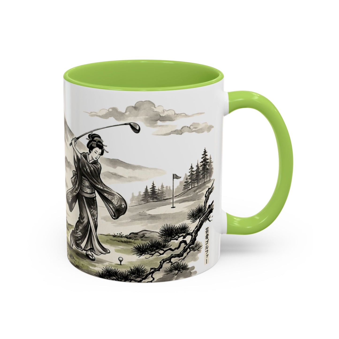 Zen Spot Golf Custom Japanese Golf Scene Accent Coffee Mug Ukiyo-e Style Golfing Geisha (11/15oz)