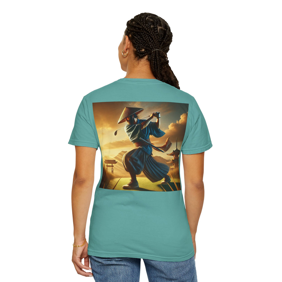 Enso Circle Chest Design Samurai Golfer Sunset Back Graphic T-Shirt