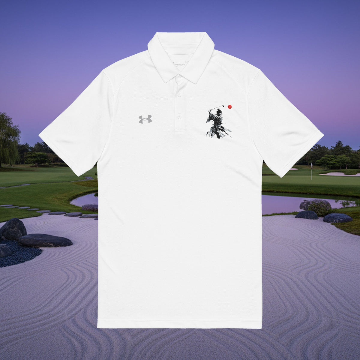 Embroidered Samurai Golfer Polo Shirt — Minimalist Japanese Ink Design