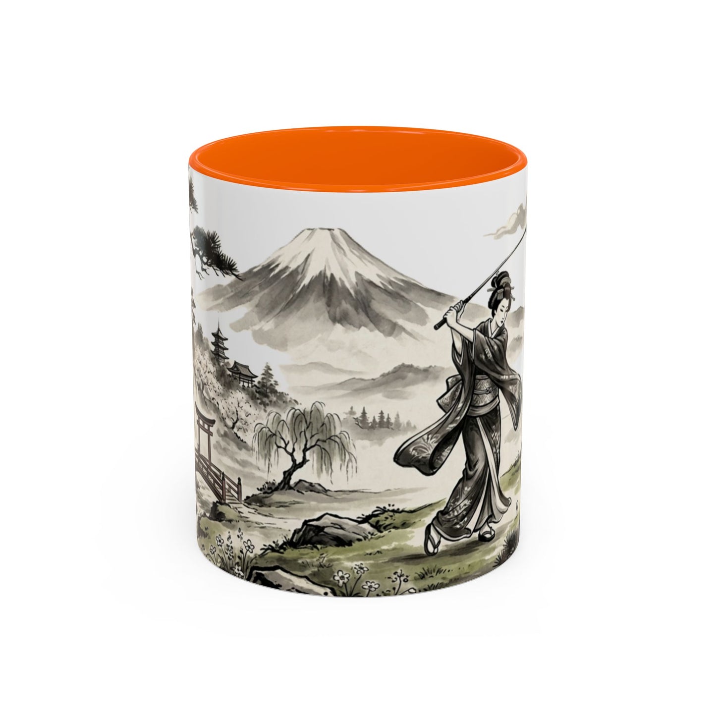 Zen Spot Golf Custom Japanese Golf Scene Accent Coffee Mug Ukiyo-e Style Golfing Geisha (11/15oz)