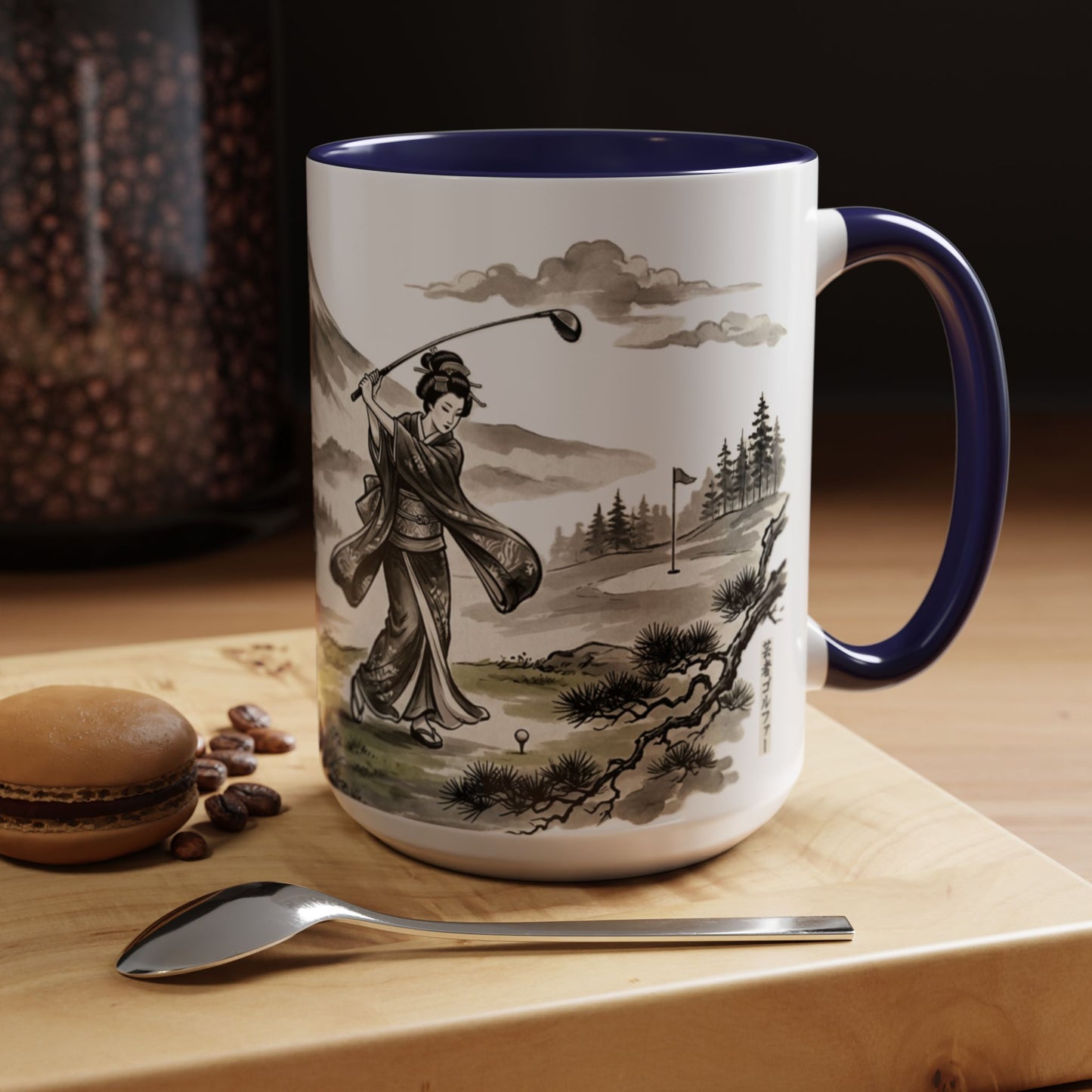Zen Spot Golf Custom Japanese Golf Scene Accent Coffee Mug Ukiyo-e Style Golfing Geisha (11/15oz)