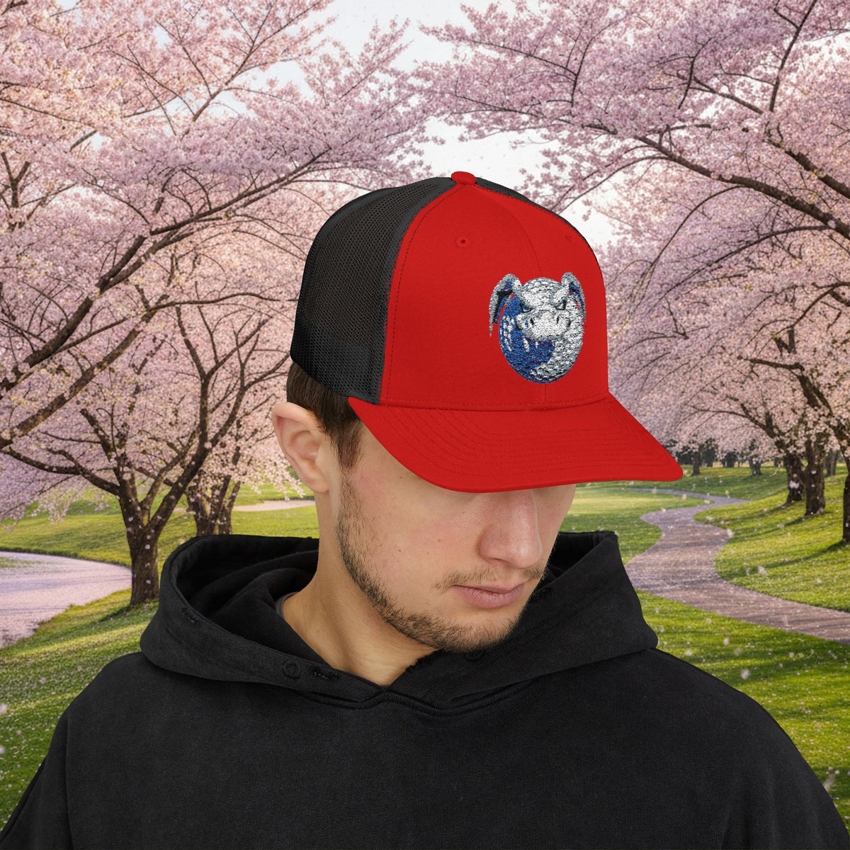 Embroidered White and Grey Stitched "Dragon Golf Ball" Trucker Cap