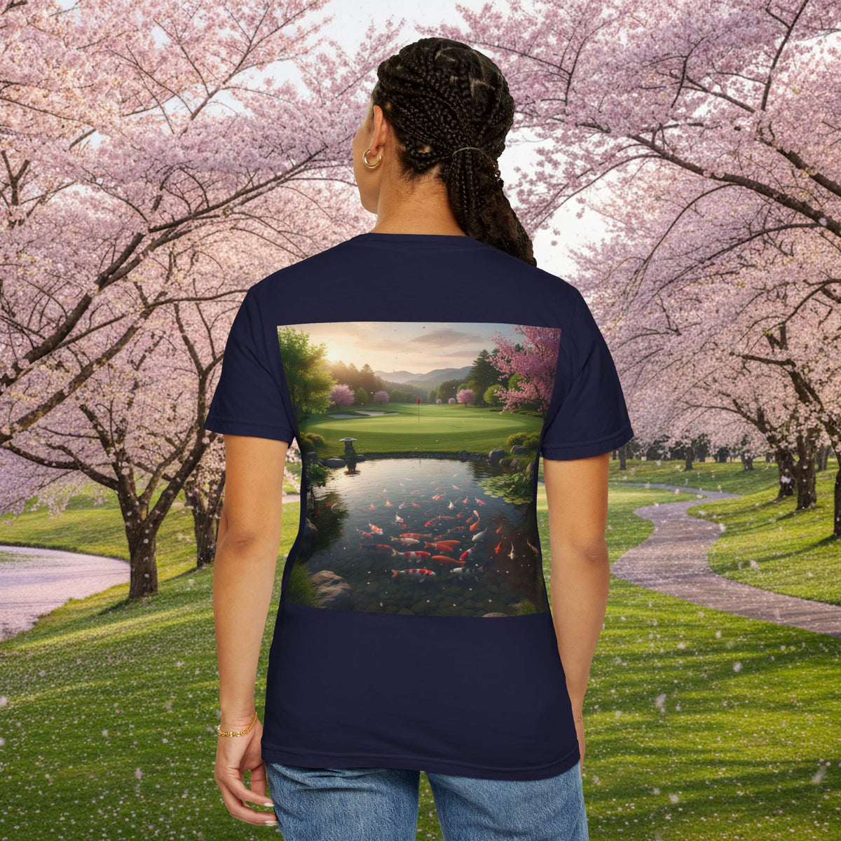 Enso Circle Chest Design Koi Pond Landscape Back Graphic T-Shirt