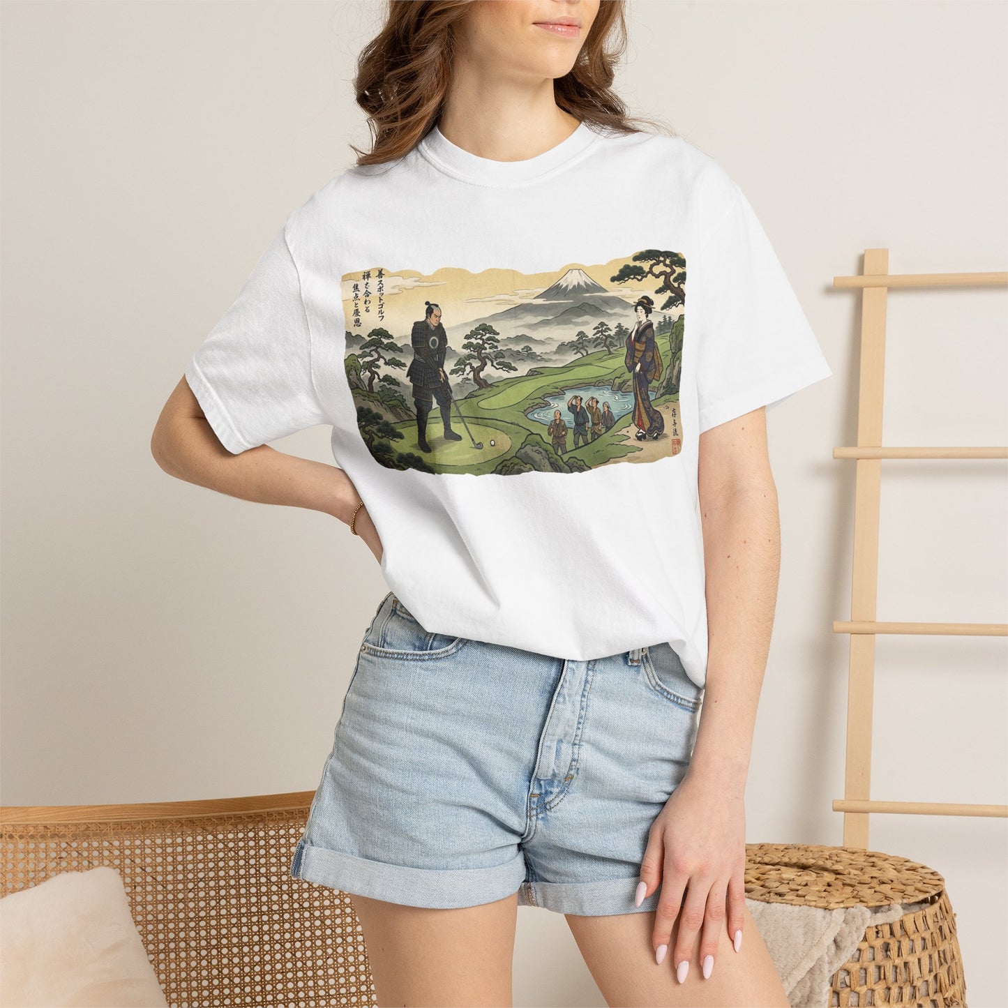 Zen Spot Custom Vintage Samurai Golfer Mount Fuji Landscape Graphic T-Shirt