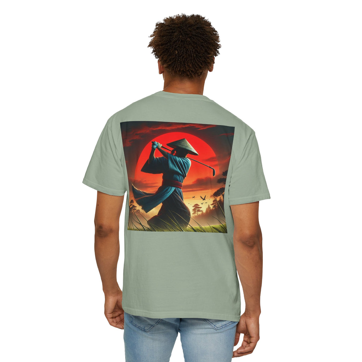 Enso Circle Golf  Stroke Chest Sunset Warrior Samurai Golfer Back Graphic T-Shirt