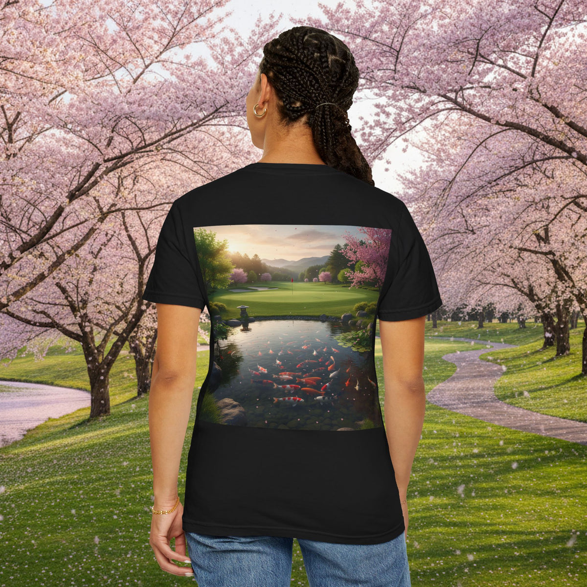 Enso Circle Chest Design Koi Pond Landscape Back Graphic T-Shirt