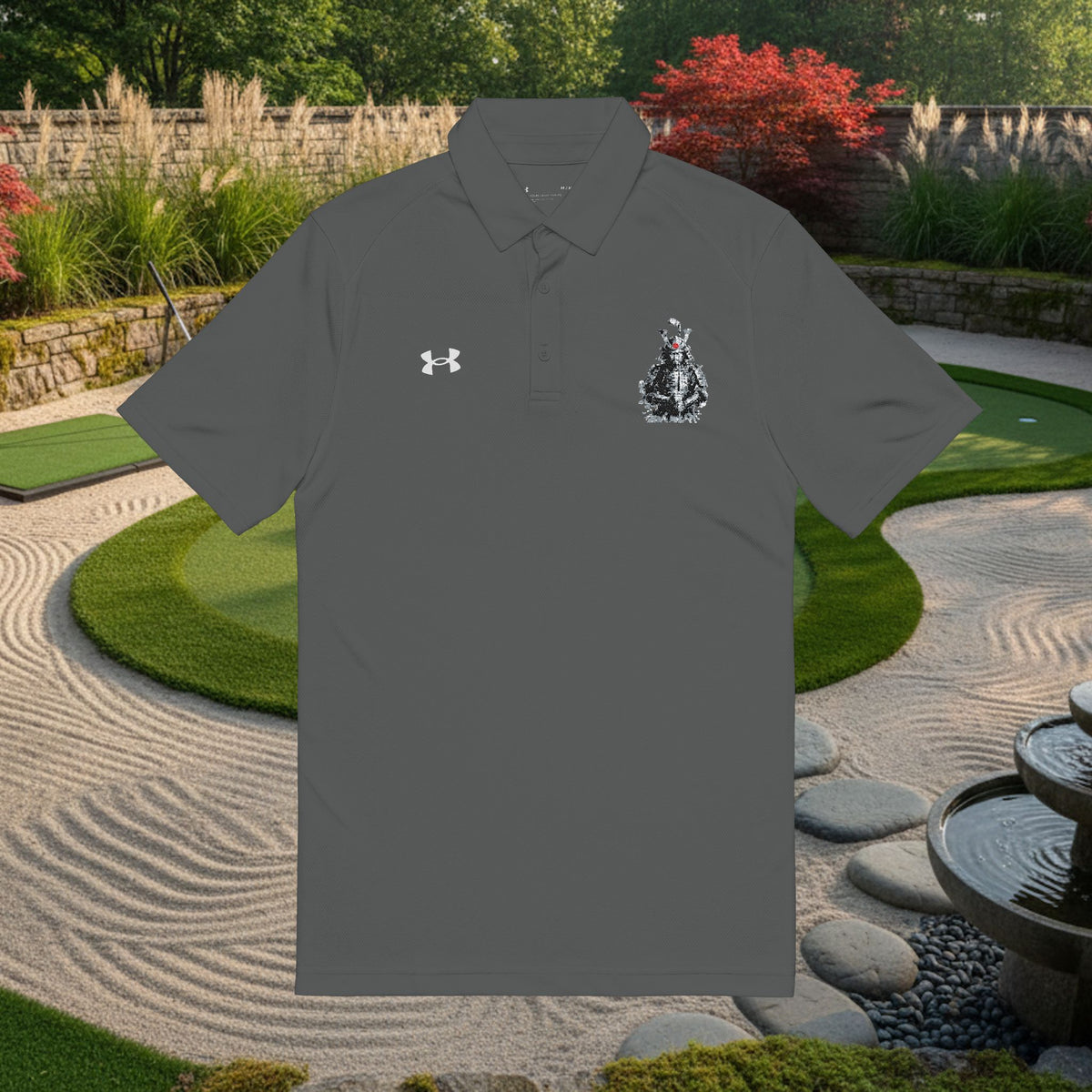 Embroidered Samurai Golfer Polo — Men's White Performance Golf Shirt