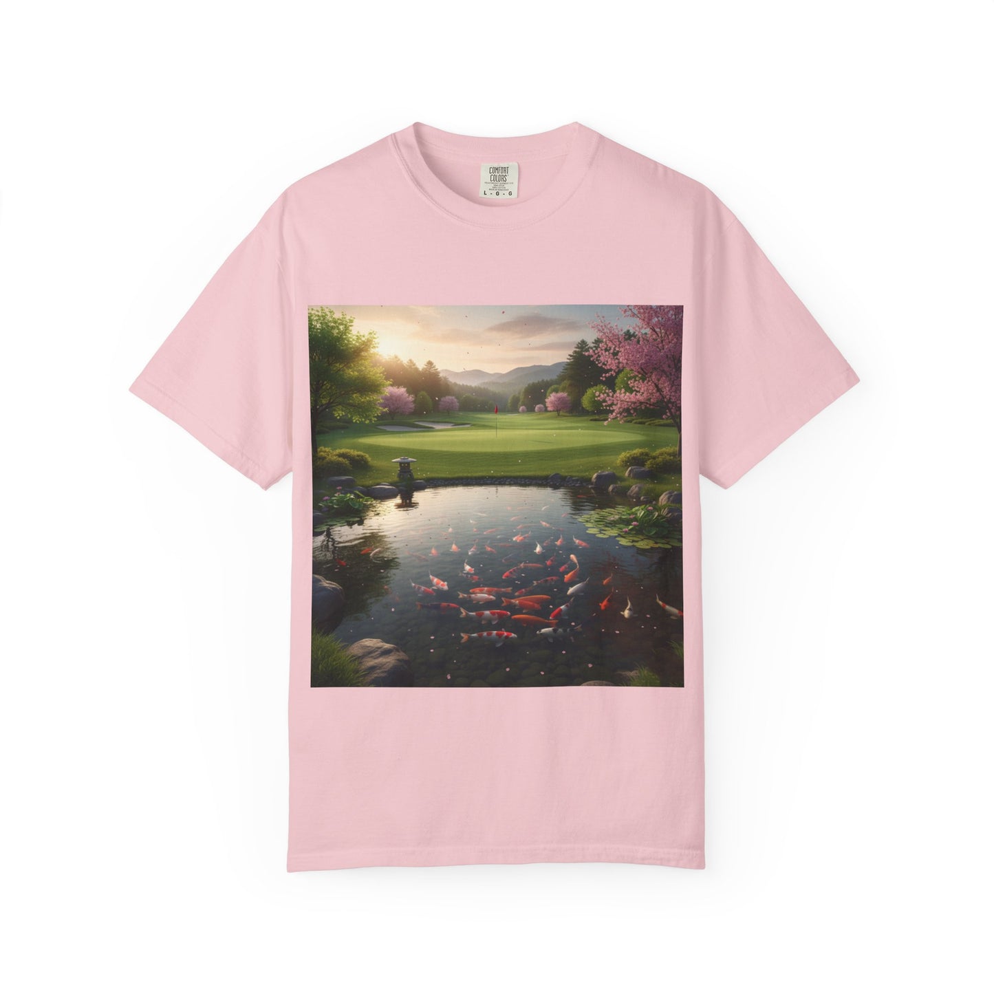 Zen Spot Golf Custom Zen Koi Pond Golf Course Sunset Graphic T-Shirt