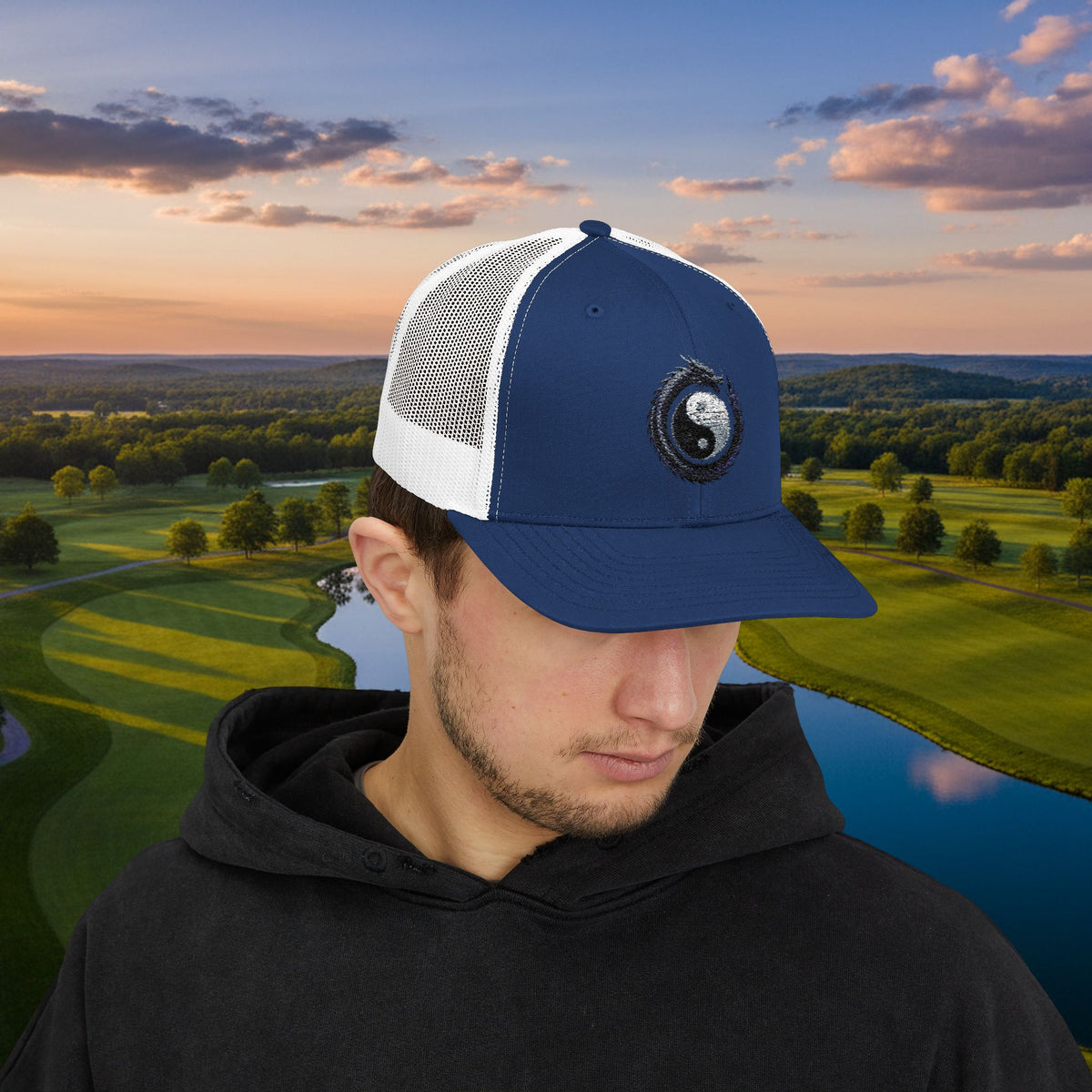 Embroidered Yin Yang Dragon Golf Ball Trucker Hat
