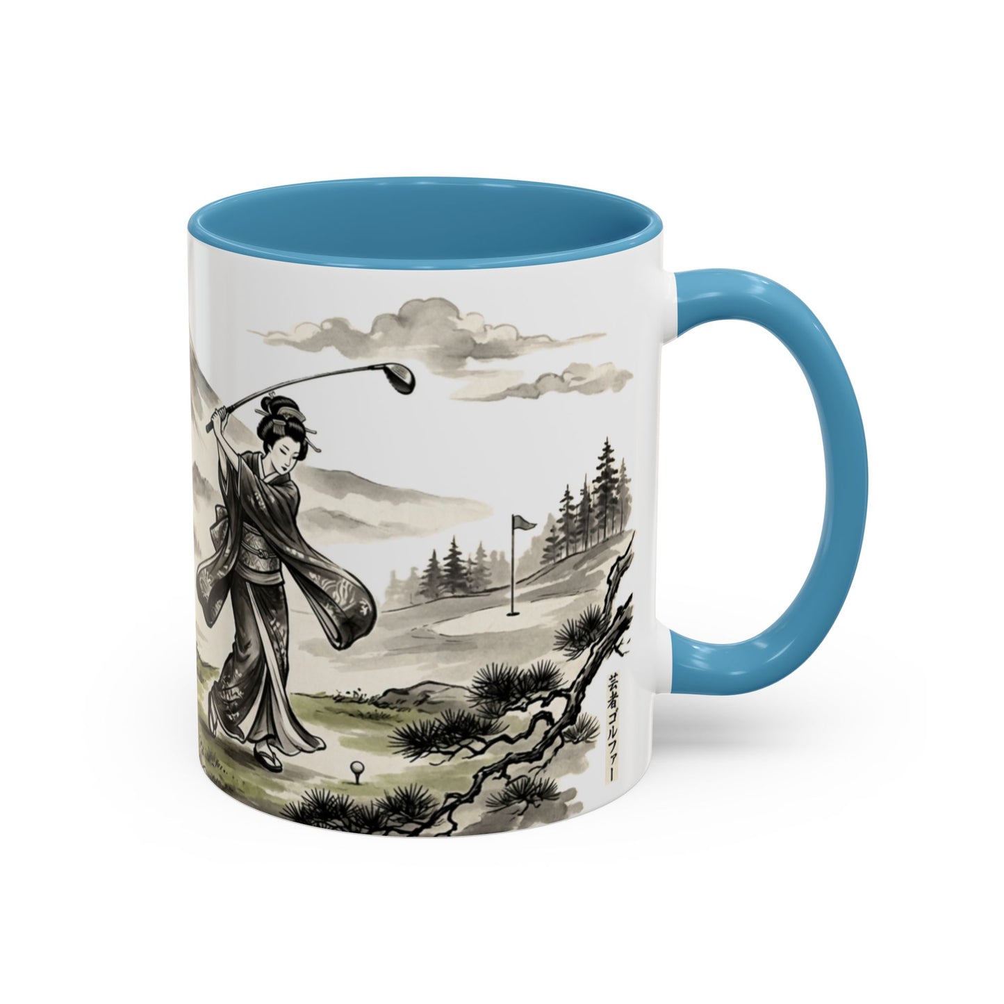 Zen Spot Golf Custom Japanese Golf Scene Accent Coffee Mug Ukiyo-e Style Golfing Geisha (11/15oz)