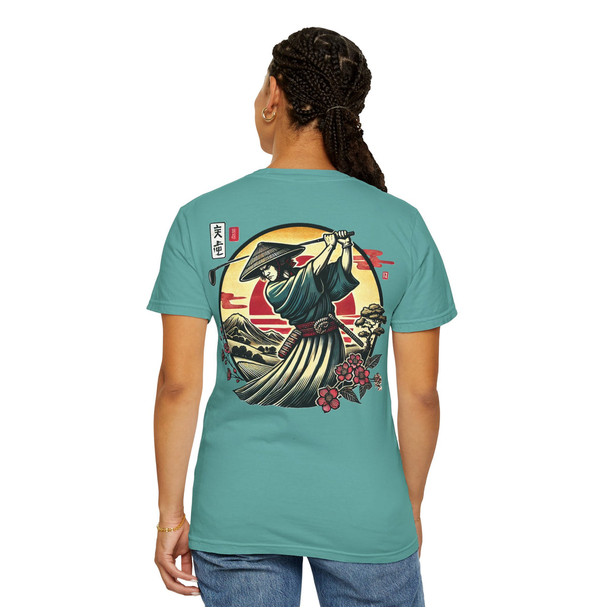 Samurai Golfer Sunset Chest and Back Design Graphic T-Shirt