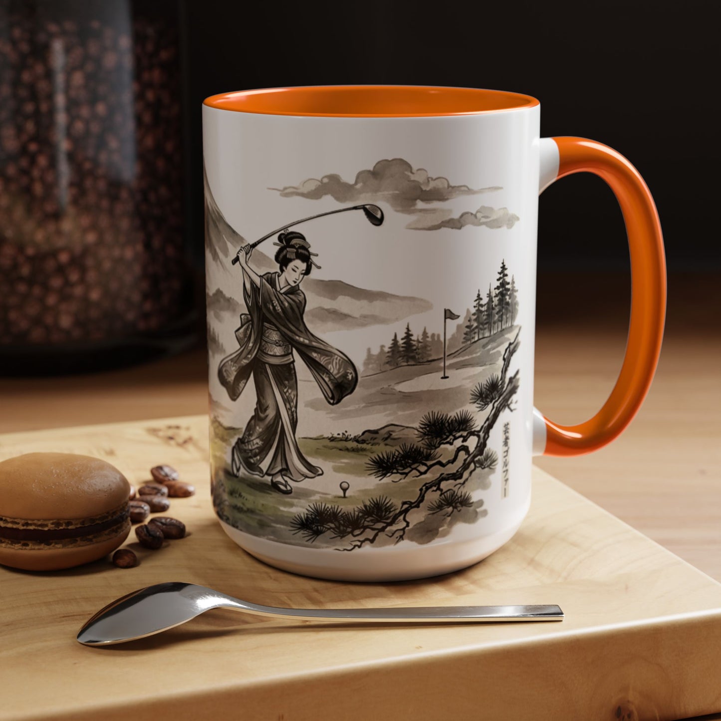 Zen Spot Golf Custom Japanese Golf Scene Accent Coffee Mug Ukiyo-e Style Golfing Geisha (11/15oz)