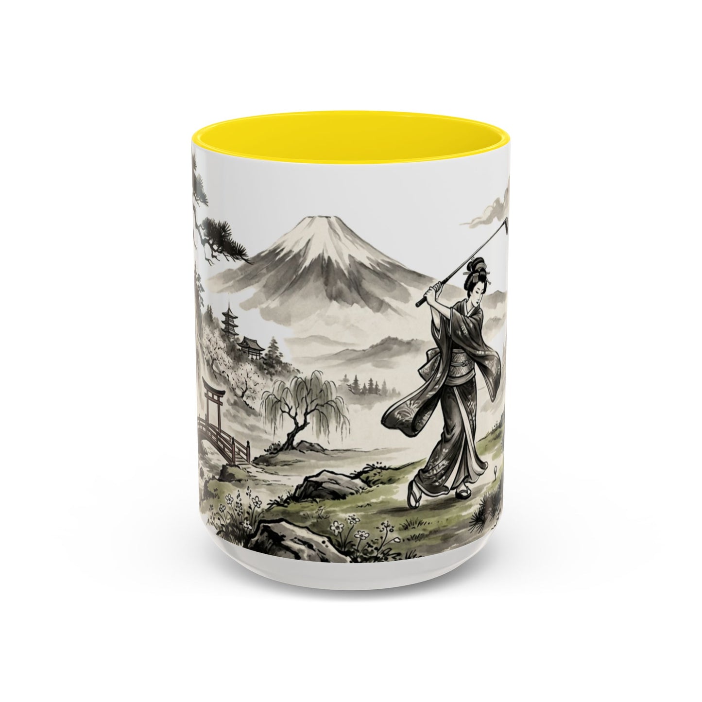 Zen Spot Golf Custom Japanese Golf Scene Accent Coffee Mug Ukiyo-e Style Golfing Geisha (11/15oz)