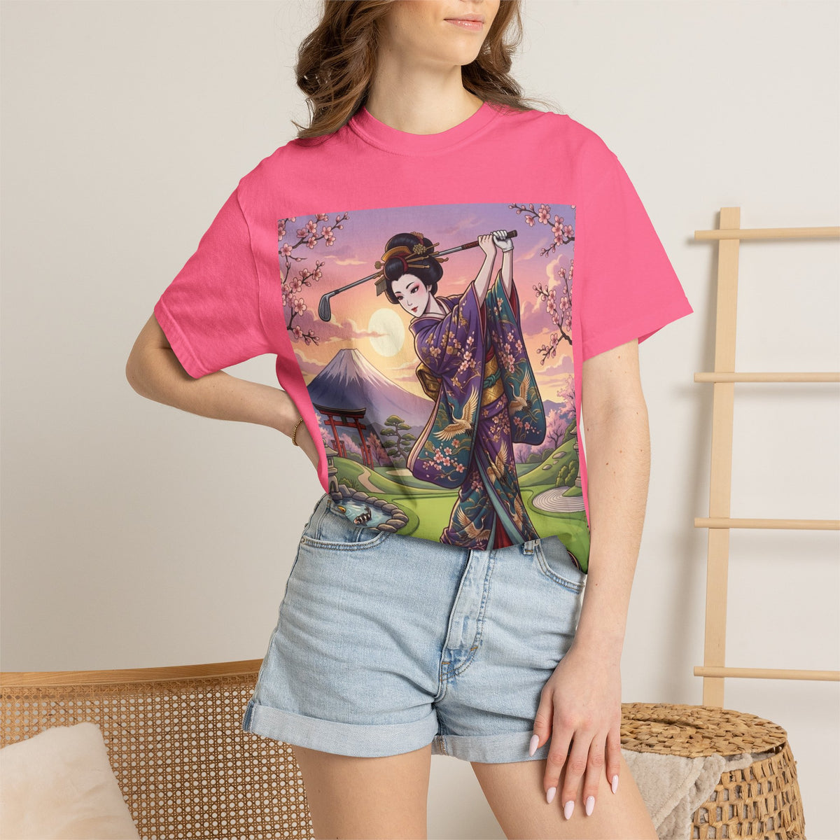 Geisha Golfer Garden T-Shirt — Japanese Kimono Sunset Art Tee