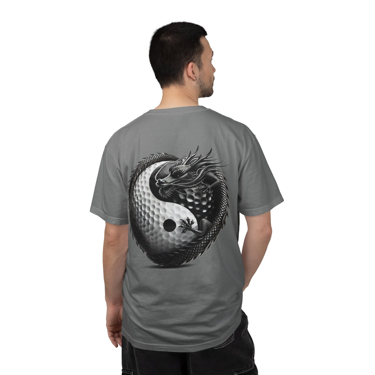 Enso Circle Chest Design Dragon Yin-Yang Golf Ball Back Graphic T-Shirt