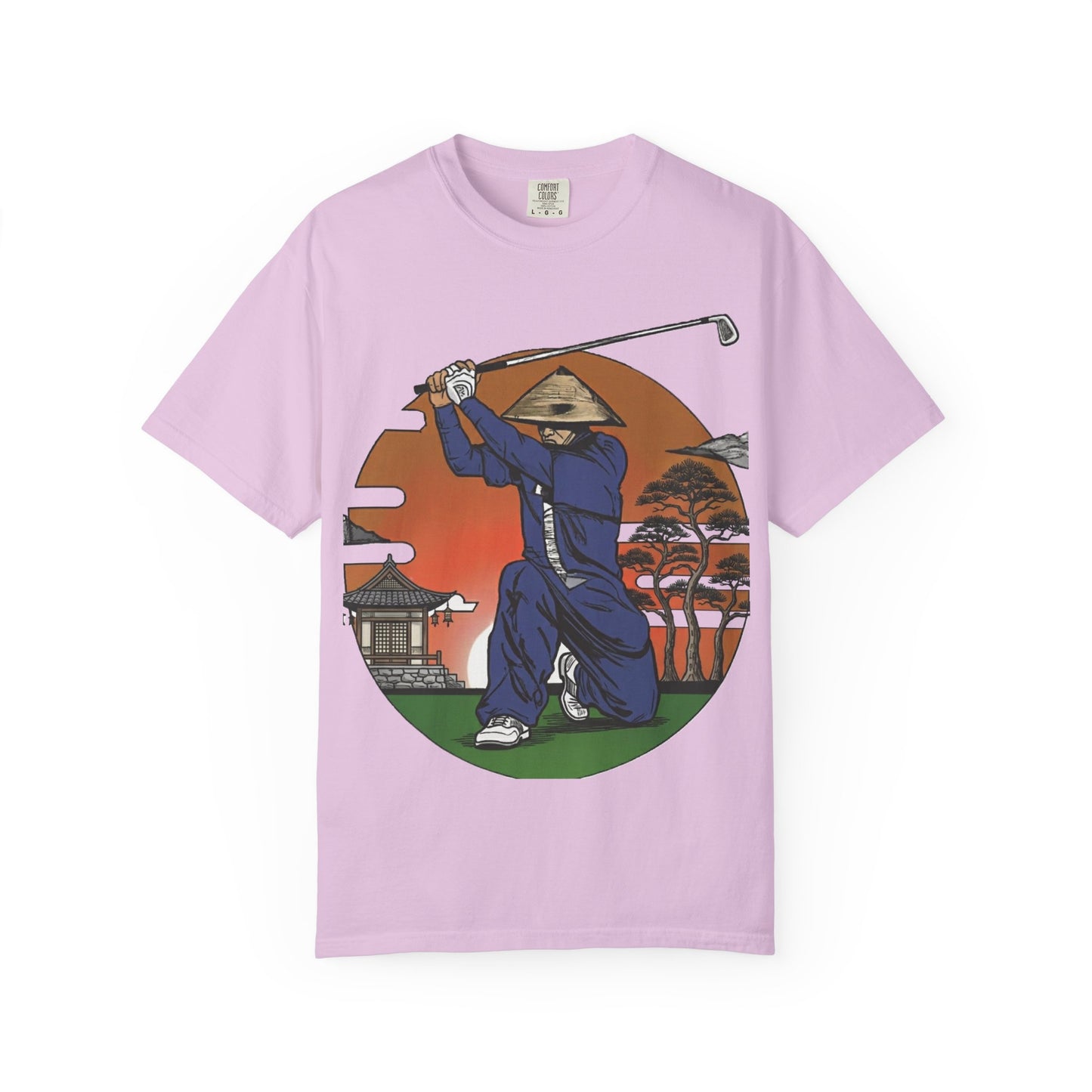 Zen Spot Golf Custom Vintage Sunset Samurai Golfer Graphic T‑Shirt