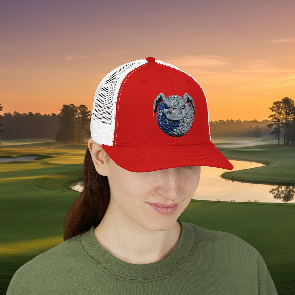 Embroidered Grey Stitched "Dragon Golf Ball" Trucker Cap