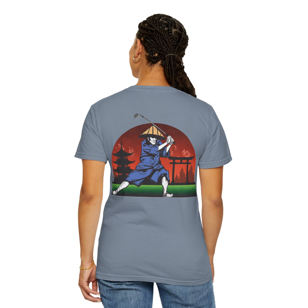 Japanese Sunset Samurai Golfer Chest and Back Graphic T-Shirt