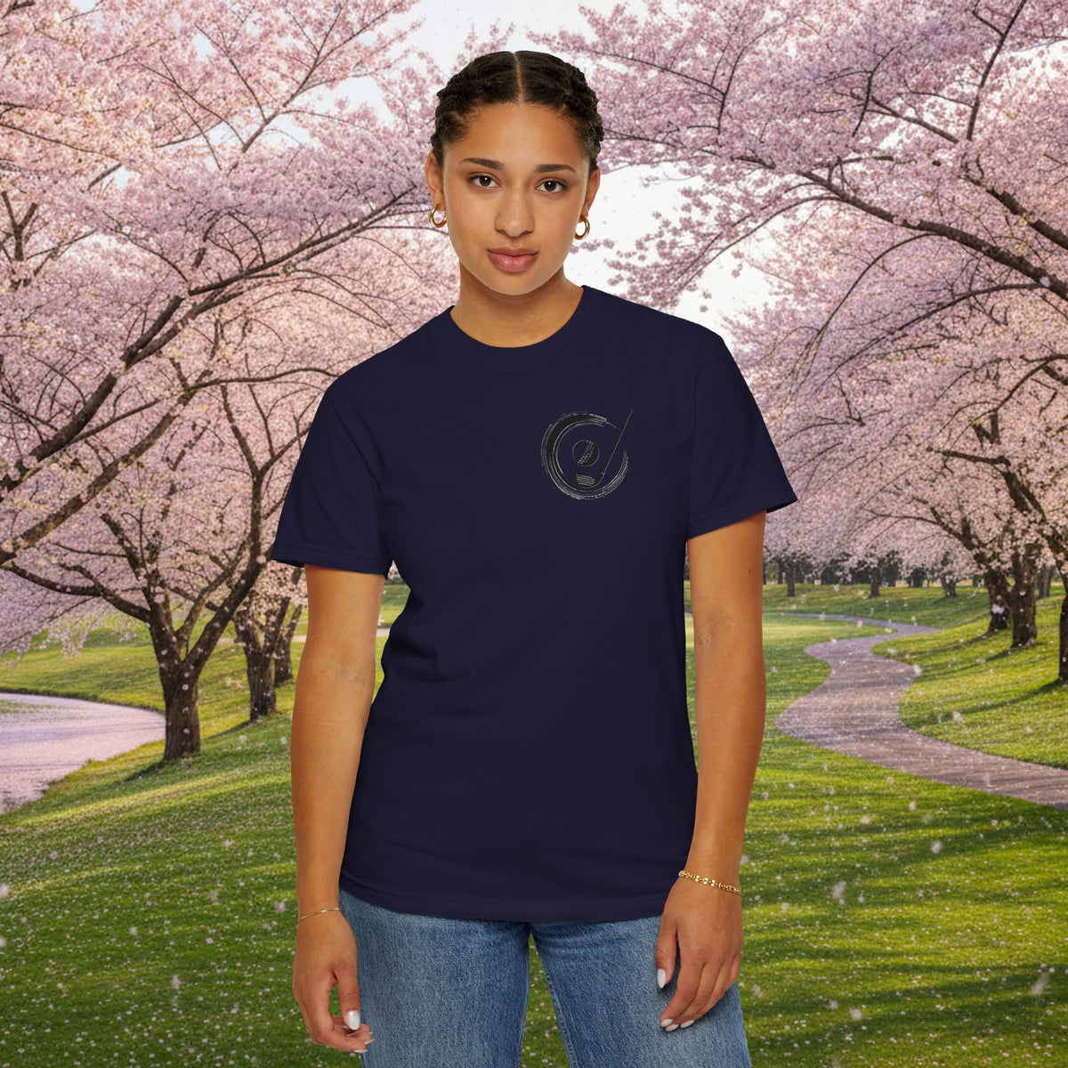 Enso Circle Chest Design Koi Pond Landscape Back Graphic T-Shirt