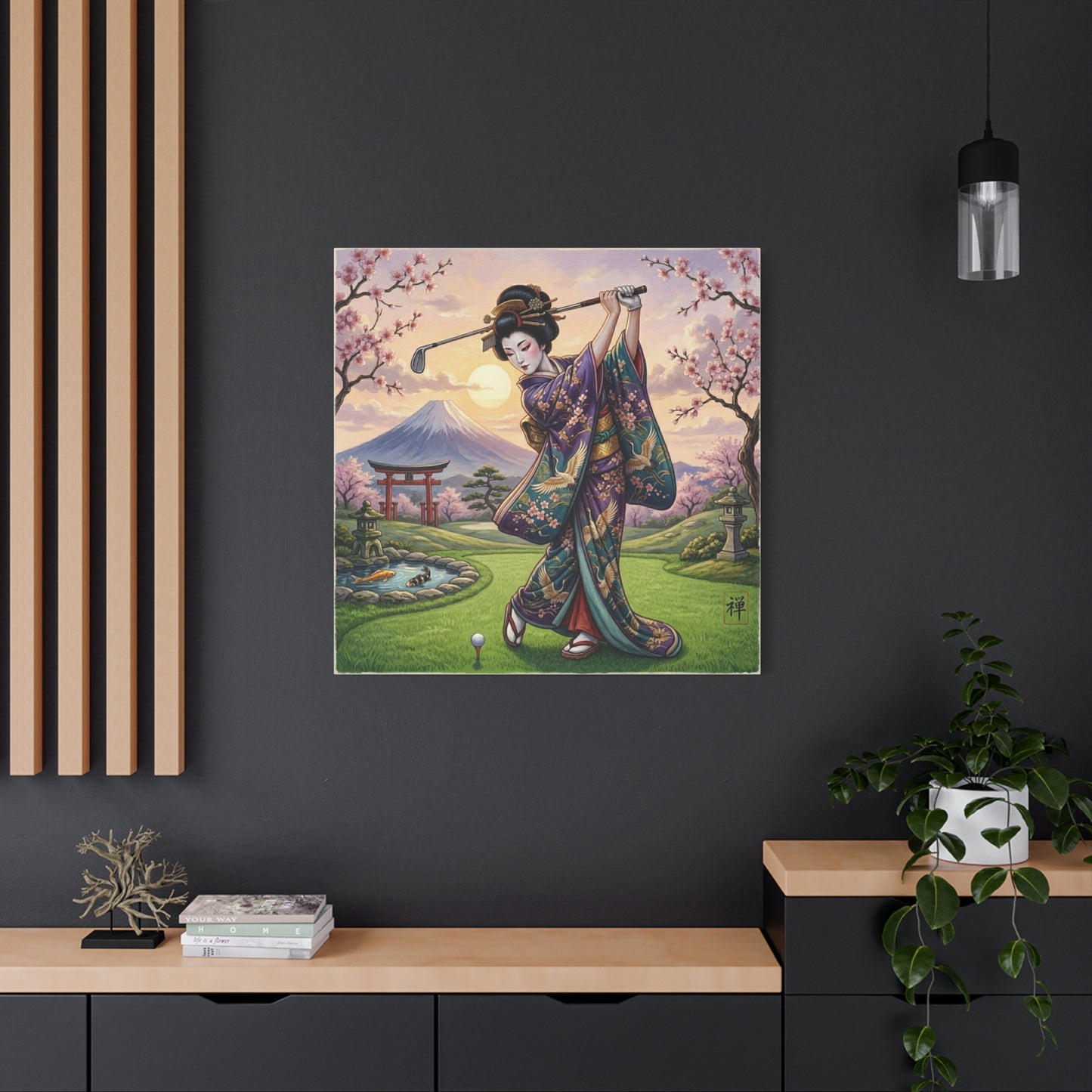 Geisha Golfer Canvas Print — Japanese Cherry Blossom Golf Art