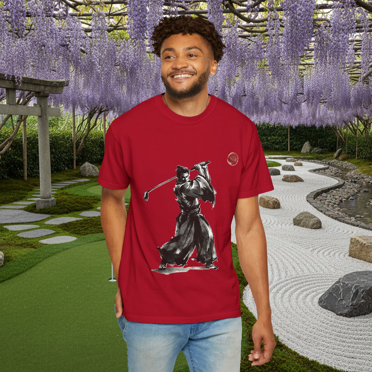 Samurai Golf T-Shirt — Sumi-e Brushstroke Golfer with Red Sun