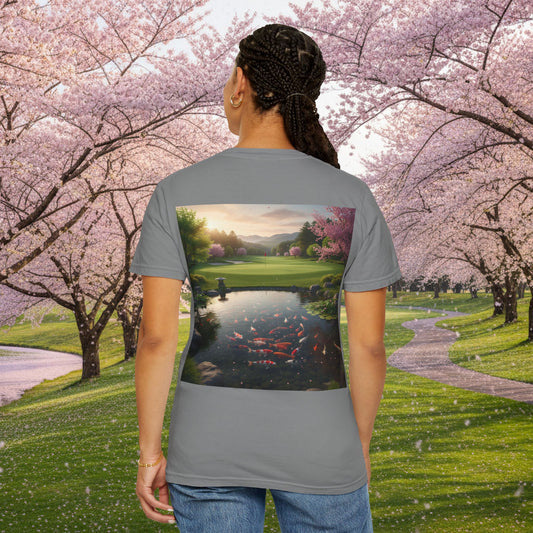 Enso Circle Chest Design Koi Pond Landscape Back Graphic T-Shirt