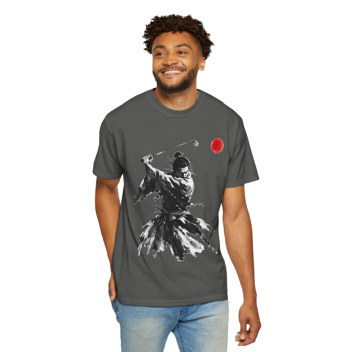 Samurai Golfer Brushstroke T-Shirt — Ink Sumi-e Warrior with Red Sun
