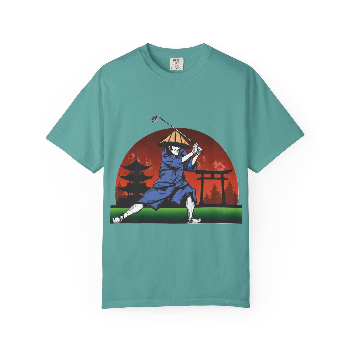 Zen Spot Golf Custom Japanese Sunset Samurai Golfer Graphic T-Shirt