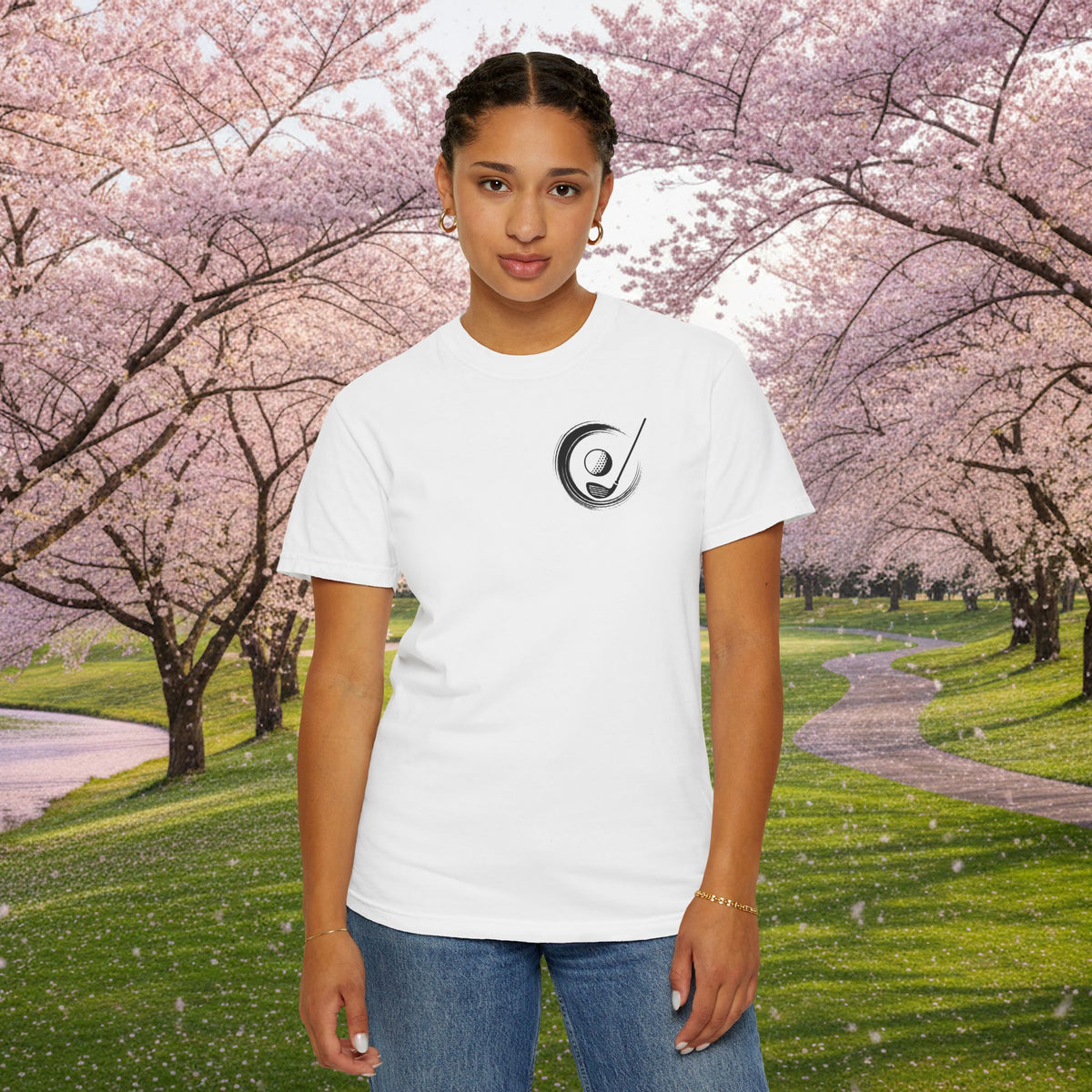 Enso Circle Chest Design Koi Pond Landscape Back Graphic T-Shirt