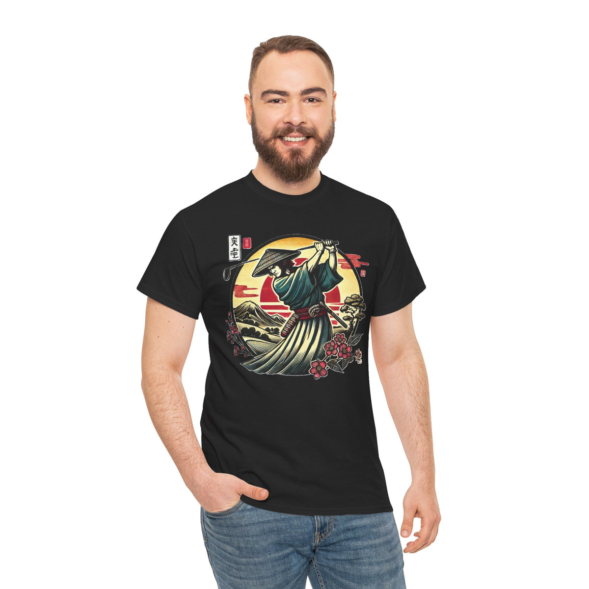 Japanese Samurai Golfer Sunset Graphic T‑Shirt