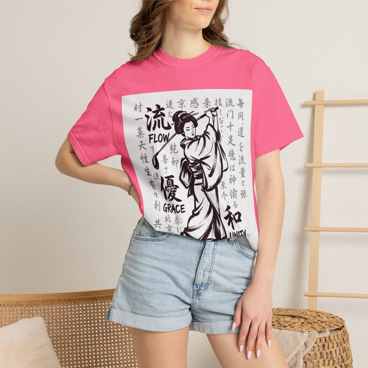 Flow, Grace, & Unity Geisha Golfer T-Shirt — Japanese Kanji Design