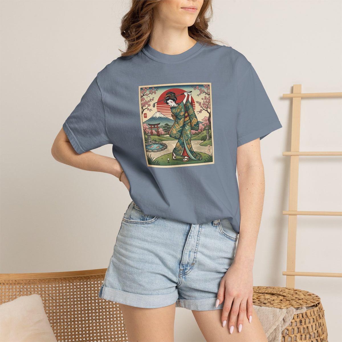 Zen Spot Golf Custom Vintage Japanese Kimono Geisha Golfer Sunset Graphic T-Shirt