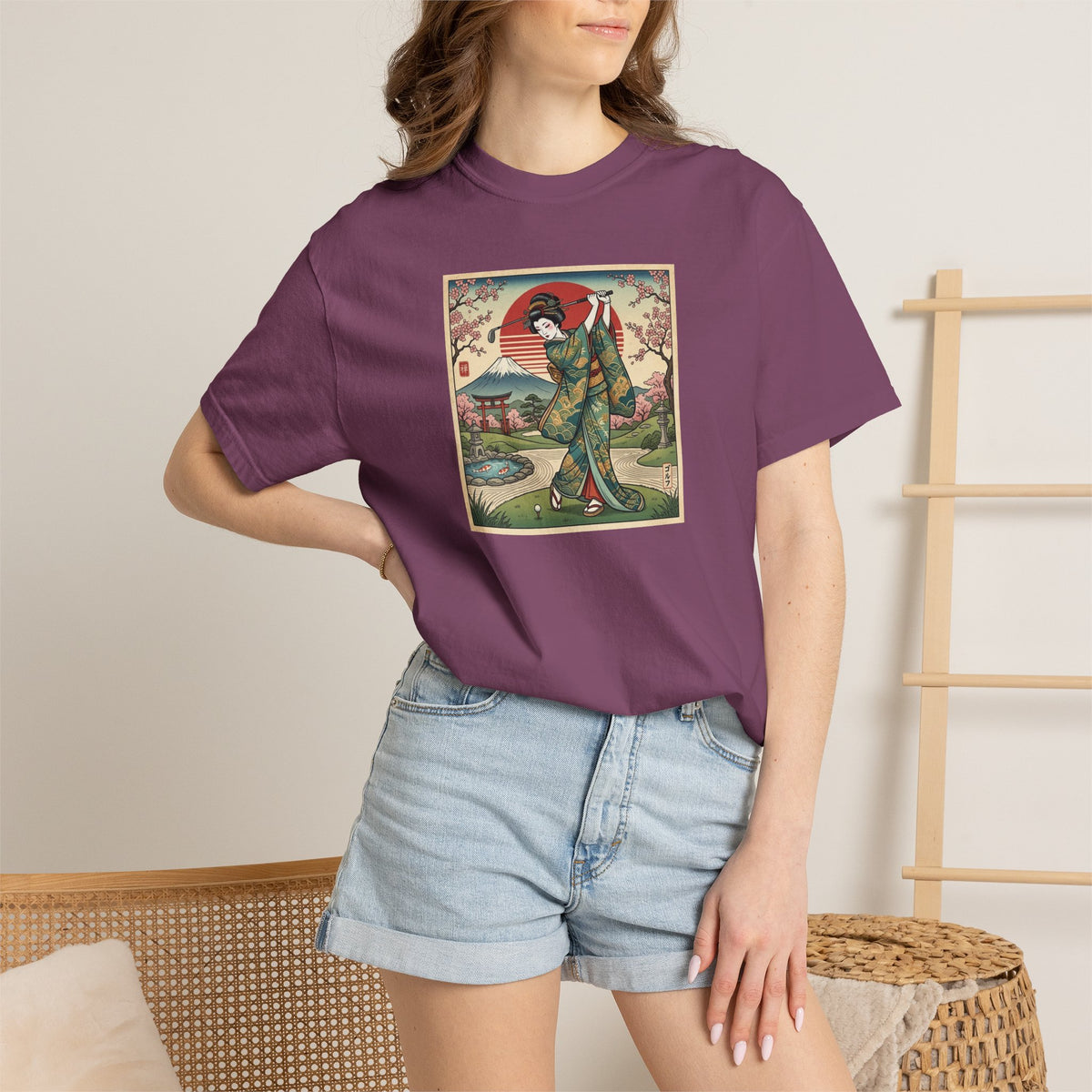 Zen Spot Golf Custom Vintage Japanese Kimono Geisha Golfer Sunset Graphic T-Shirt